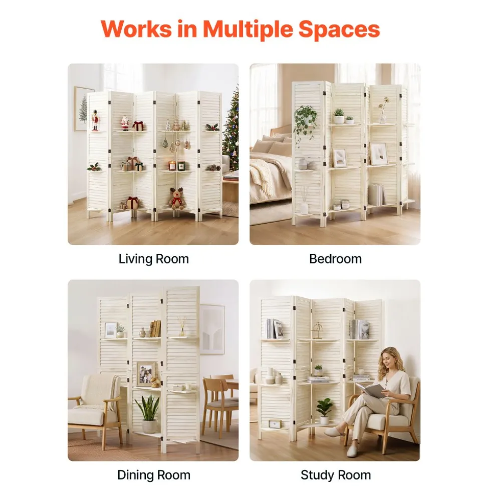 VEVOR Wood Room Divider 6 Panels Wood Folding Privacy Screen with Shelves, For Room Separation & Home Decor, 67.1 in Tall, Solid Frame, 360° Two-Way Hinges, Louvered Wooden Partition with Hardware