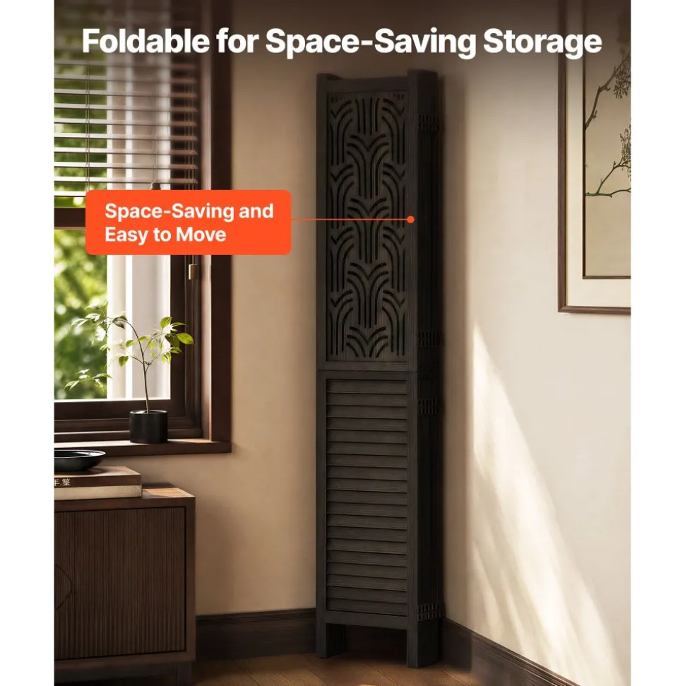 VEVOR Wood Room Divider 4 Panels 67 in Tall Wood Folding Privacy Screen, For Room Separation & Home Decor, Solid Frame, 360° Two-Way Hinges, Easy Assembly, Louvered Wooden Partition with Hardware