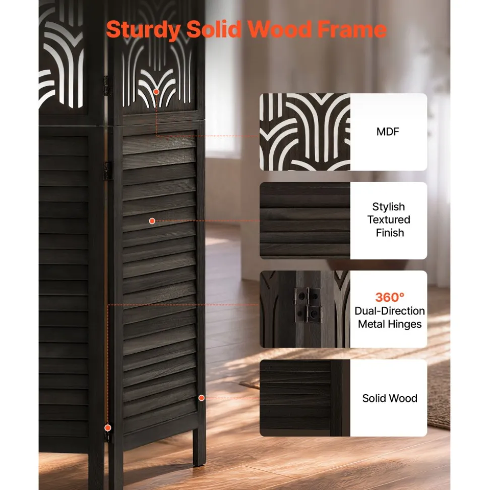 VEVOR Wood Room Divider 4 Panels 67 in Tall Wood Folding Privacy Screen, For Room Separation & Home Decor, Solid Frame, 360° Two-Way Hinges, Easy Assembly, Louvered Wooden Partition with Hardware