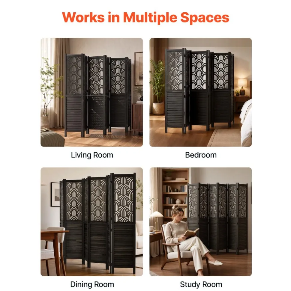 VEVOR Wood Room Divider 4 Panels 67 in Tall Wood Folding Privacy Screen, For Room Separation & Home Decor, Solid Frame, 360° Two-Way Hinges, Easy Assembly, Louvered Wooden Partition with Hardware