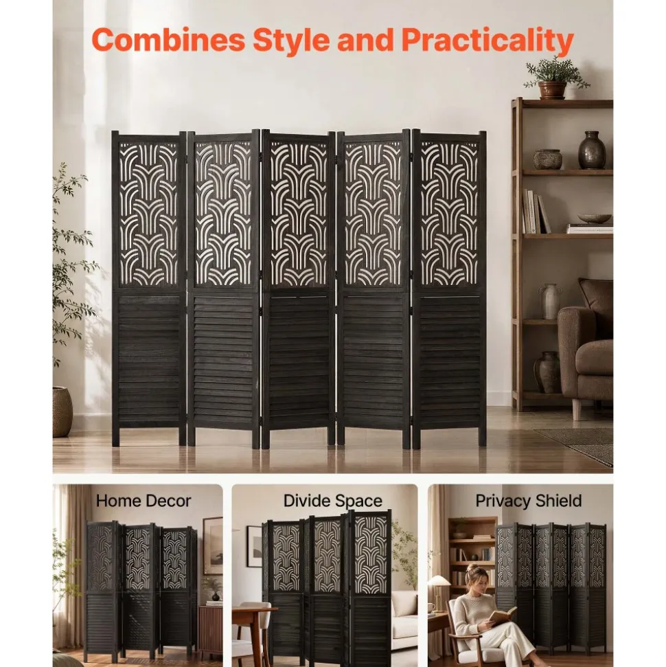 VEVOR Wood Room Divider 4 Panels 67 in Tall Wood Folding Privacy Screen, For Room Separation & Home Decor, Solid Frame, 360° Two-Way Hinges, Easy Assembly, Louvered Wooden Partition with Hardware