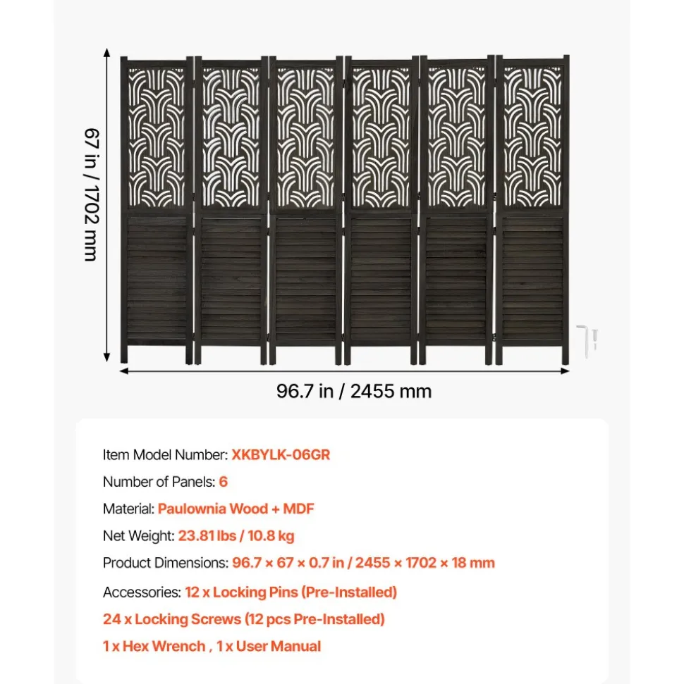 VEVOR Wood Room Divider 4 Panels 67 in Tall Wood Folding Privacy Screen, For Room Separation & Home Decor, Solid Frame, 360° Two-Way Hinges, Easy Assembly, Louvered Wooden Partition with Hardware