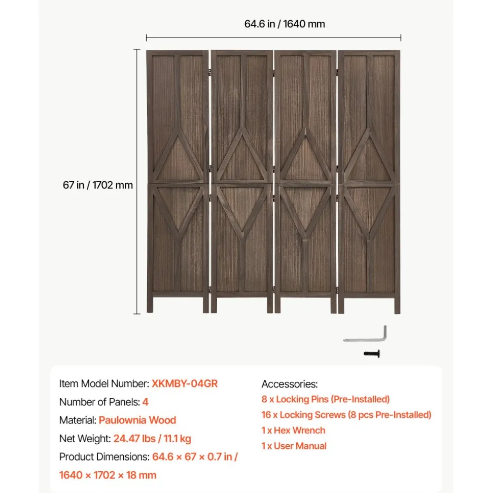 VEVOR Wood Room Divider 4 Panels Wood Folding Privacy Screen Y Pattern, For Room Separation & Home Decor, 67 inches Tall, Solid Frame, 360° Two-Way Hinges, Rustic Wooden Partition with Hardware