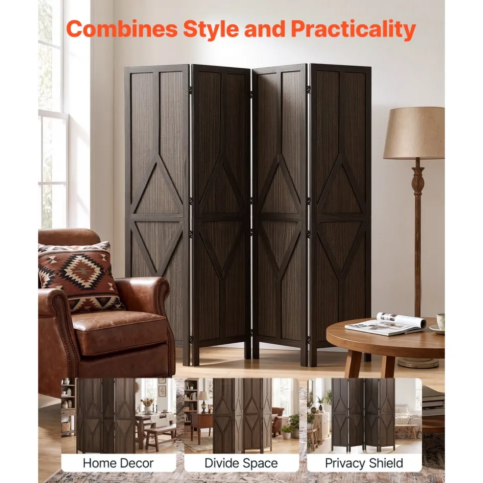 VEVOR Wood Room Divider 4 Panels Wood Folding Privacy Screen Y Pattern, For Room Separation & Home Decor, 67 inches Tall, Solid Frame, 360° Two-Way Hinges, Rustic Wooden Partition with Hardware