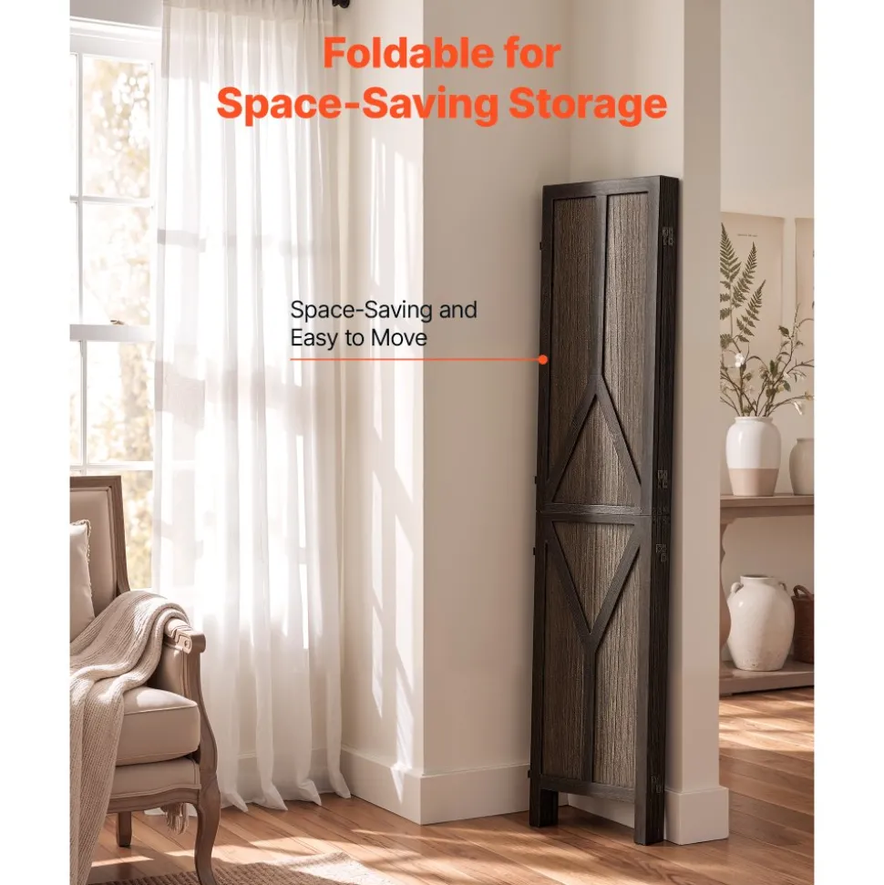 VEVOR Wood Room Divider 4 Panels Wood Folding Privacy Screen Y Pattern, For Room Separation & Home Decor, 67 inches Tall, Solid Frame, 360° Two-Way Hinges, Rustic Wooden Partition with Hardware