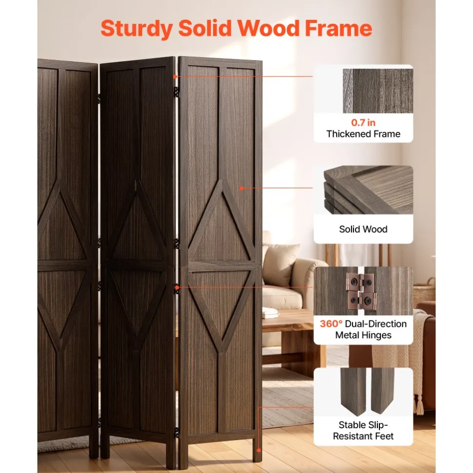 VEVOR Wood Room Divider 4 Panels Wood Folding Privacy Screen Y Pattern, For Room Separation & Home Decor, 67 inches Tall, Solid Frame, 360° Two-Way Hinges, Rustic Wooden Partition with Hardware