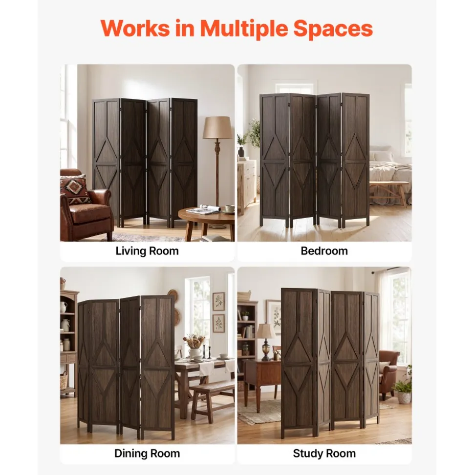 VEVOR Wood Room Divider 4 Panels Wood Folding Privacy Screen Y Pattern, For Room Separation & Home Decor, 67 inches Tall, Solid Frame, 360° Two-Way Hinges, Rustic Wooden Partition with Hardware