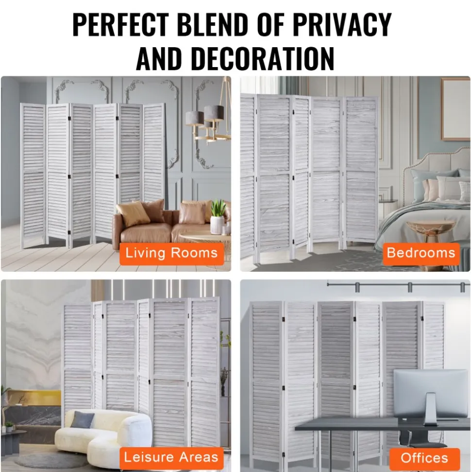 VEVOR Wood Room Divider, 6 Panel Wood Folding Privacy Screen, 66.9 Inches Tall Indoor Louvered Partition Divider, Portable Decoration Screen, for Room Separation, Home, Office, Restaurant & Bedroom