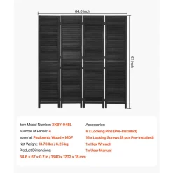 VEVOR Wood Room Divider 4 Panels 67 in Wood Folding Privacy Screen Black, For Room Separation & Home Decor, Solid Frame, 360° Two-Way Hinges, Easy Assembly, Louvered Wooden Partition with Hardware