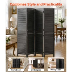 VEVOR Wood Room Divider 4 Panels 67 in Wood Folding Privacy Screen Black, For Room Separation & Home Decor, Solid Frame, 360° Two-Way Hinges, Easy Assembly, Louvered Wooden Partition with Hardware