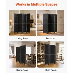 VEVOR Wood Room Divider 4 Panels 67 in Wood Folding Privacy Screen Black, For Room Separation & Home Decor, Solid Frame, 360° Two-Way Hinges, Easy Assembly, Louvered Wooden Partition with Hardware