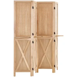 VEVOR Wood Room Divider Pegboard Wood Folding Privacy Screen with Shelves, For Room Separation & Home Decor, 4 Panels, Solid Frame with X Pattern, 360° Two-Way Hinges, Wooden Partition with Hardware
