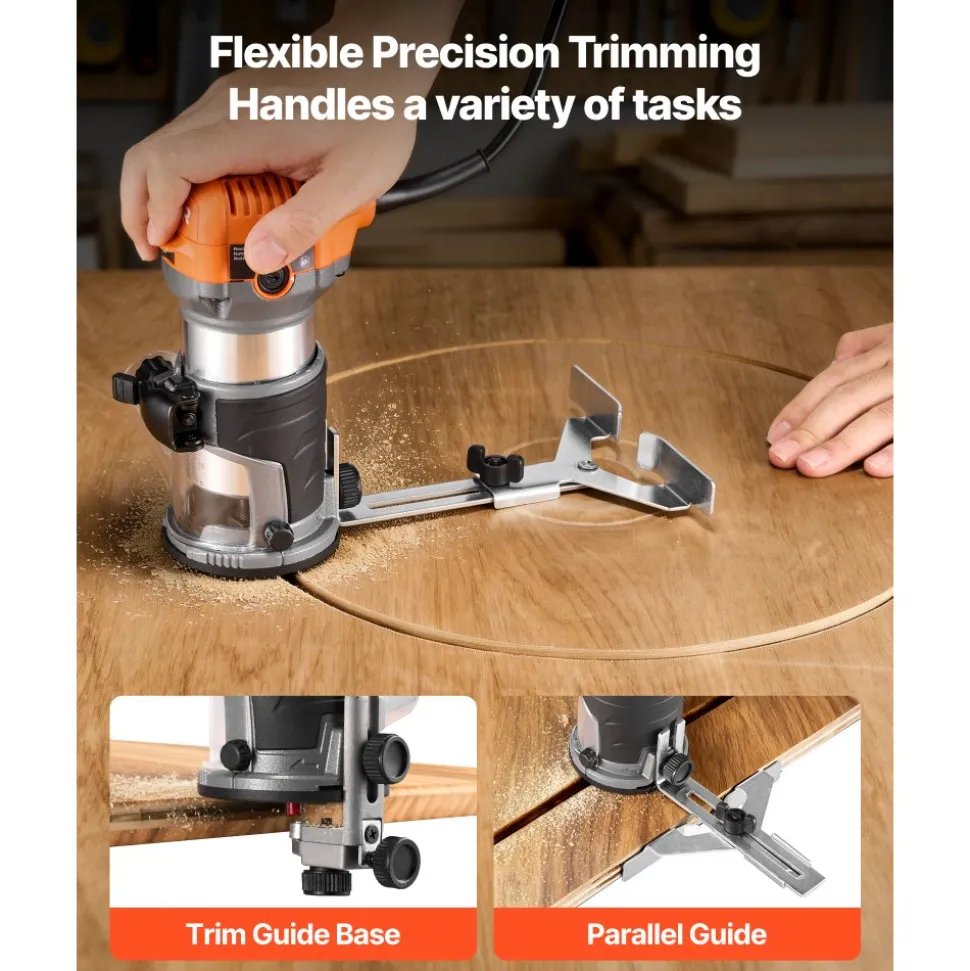 VEVOR Wood Router, 1 HP 710W, Variable Speed Palm Router Tool with 1/4 in Collet, Compact Edge Wood Trimmer with Fixed, Plunge & Tilt Base, Soft Start, for Woodworking, Trimming, DIY Projects, Corded