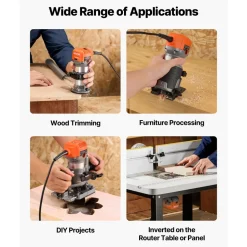 VEVOR Wood Router, 1 HP 710W, Variable Speed Palm Router Tool with 1/4 in Collet, Compact Edge Wood Trimmer with Fixed, Plunge & Tilt Base, Soft Start, for Woodworking, Trimming, DIY Projects, Corded