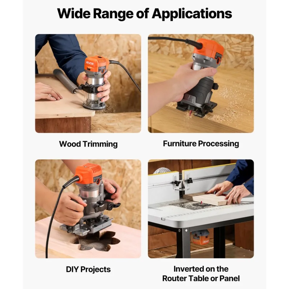 VEVOR Wood Router, 1 HP 710W, Variable Speed Palm Router Tool with 1/4 in Collet, Compact Edge Wood Trimmer with Fixed, Plunge & Tilt Base, Soft Start, for Woodworking, Trimming, DIY Projects, Corded