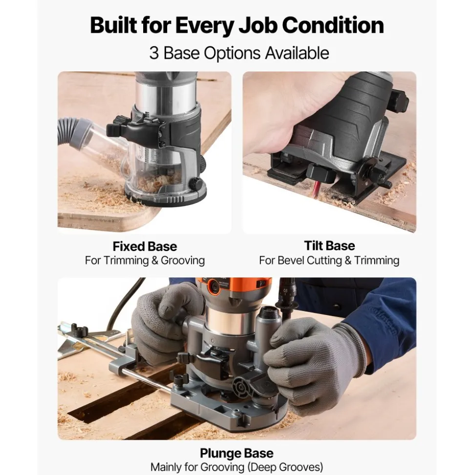 VEVOR Wood Router, 1 HP 710W, Variable Speed Palm Router Tool with 1/4 in Collet, Compact Edge Wood Trimmer with Fixed, Plunge & Tilt Base, Soft Start, for Woodworking, Trimming, DIY Projects, Corded