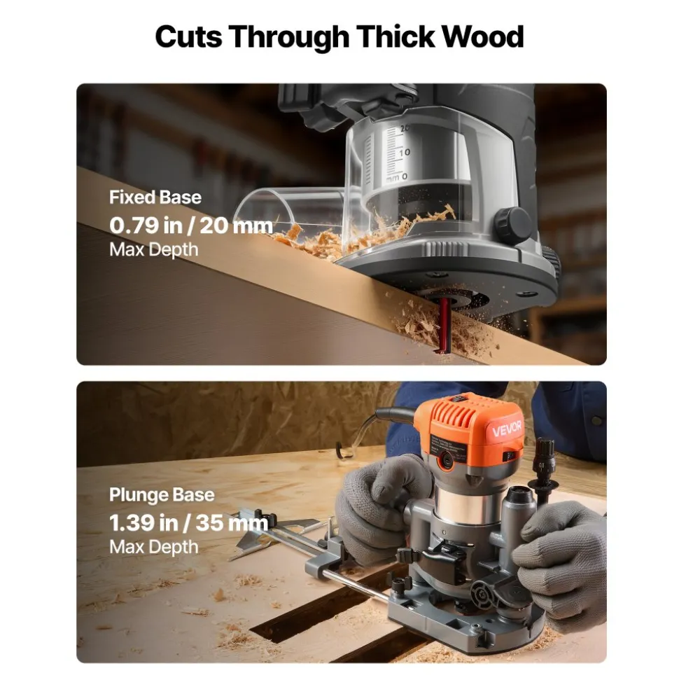 VEVOR Wood Router, 1 HP 710W, Variable Speed Palm Router Tool with 1/4 in Collet, Compact Edge Wood Trimmer with Fixed, Plunge & Tilt Base, Soft Start, for Woodworking, Trimming, DIY Projects, Corded