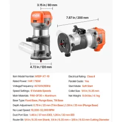 VEVOR Wood Router, 1 HP 710W, Variable Speed Palm Router Tool with 1/4 in Collet, Compact Edge Wood Trimmer with Fixed, Plunge & Tilt Base, Soft Start, for Woodworking, Trimming, DIY Projects, Corded