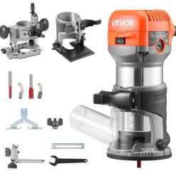 VEVOR Wood Router, 1 HP 710W, Variable Speed Palm Router Tool with 1/4 in Collet, Compact Edge Wood Trimmer with Fixed, Plunge & Tilt Base, Soft Start, for Woodworking, Trimming, DIY Projects, Corded