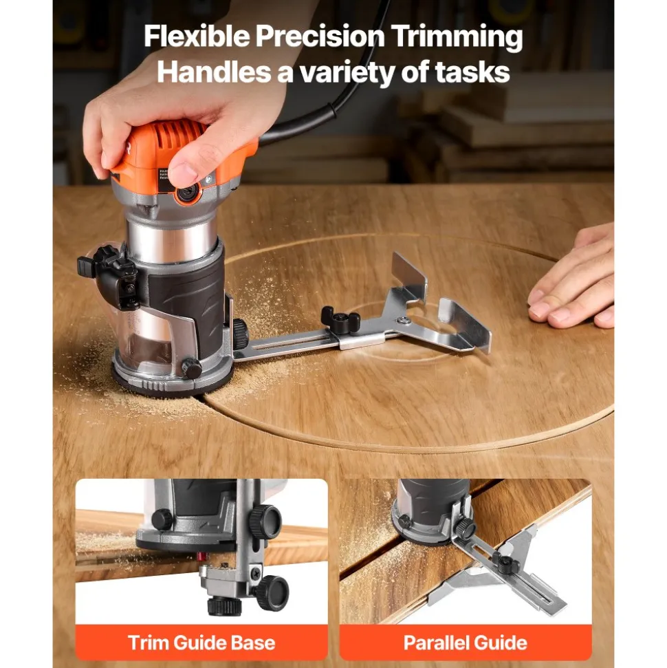 VEVOR Wood Router, 1 HP 710W, Variable Speed Palm Router Tool with Soft Start, Compact Wood Edge Trimmer with Fixed Base & 1/4-Inch Collet, Dust Hood, for Woodworking, Trimming, DIY Projects, Corded