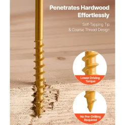 VEVOR Wood Screws 350 PCS, #8 x 2-Inch Anti-Rust Coated, Exterior Deck Screw Torx/T25 Star Drive, Metal Rust-Resistant Outdoor Decking Screws with 2 Screw Connectors, for Decking Fencing Framing