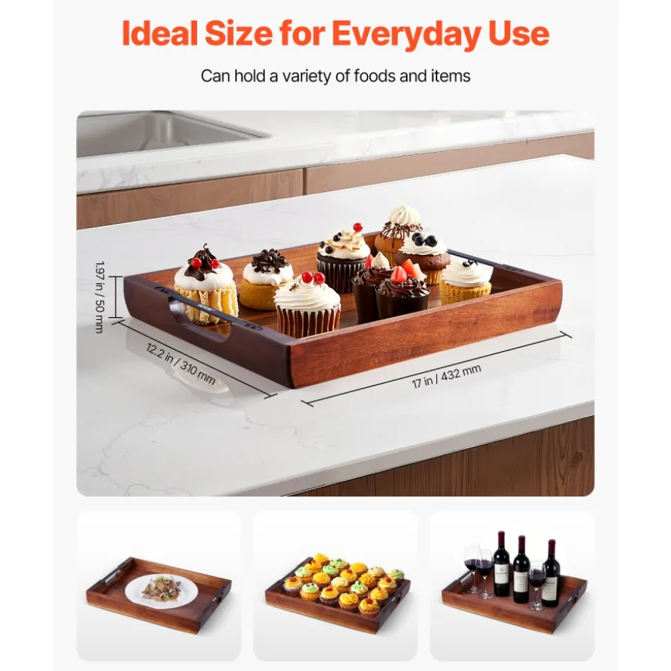 VEVOR Wood Serving Tray, Acacia Wooden Tray Board with Handles, Decorative Rustic Serving Trays Platter, Ideal for Breakfast in Bed, Lunch, Kitchen, Living Room, Ottoman, Coffee Table, Party, Couch