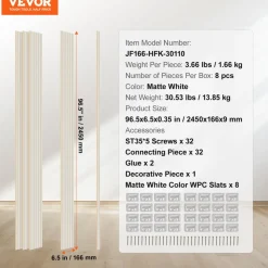 VEVOR Wood Slat Acoustic Panels 8 PCS 96 x 6 inch for Modern Wall Matte White