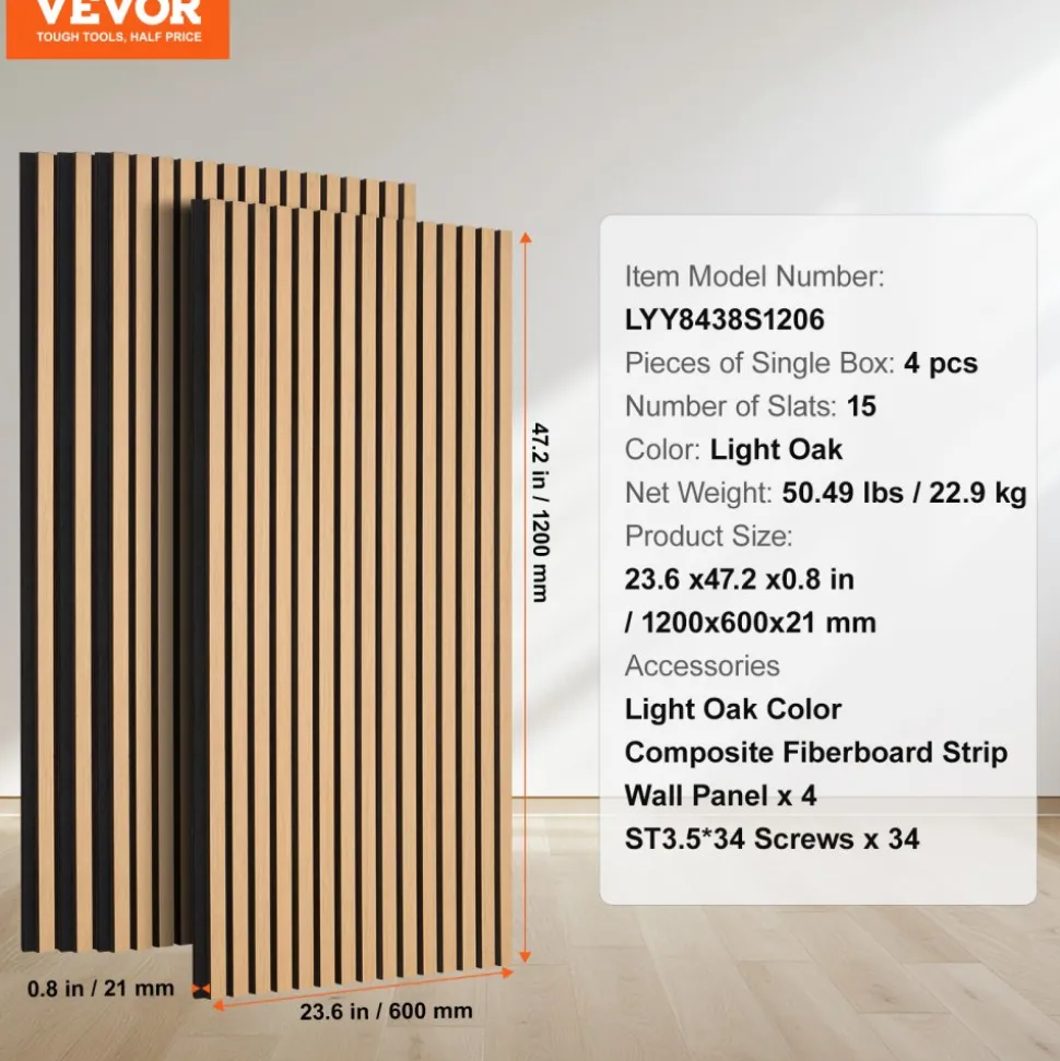 VEVOR Wood Slat Acoustic Panels, 23.6 x 47.2 inch, MDF Accent Wooden Wall Panels for Modern Interior Wall Decor, Faux Wood Wall Board Panels for Noise Reduction, Light Oak