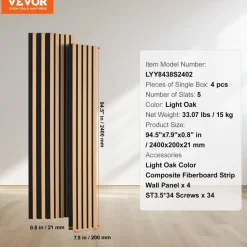 VEVOR Wood Slat Acoustic Panels, 7.9 x 94.5 inch, MDF Accent Wooden Wall Panels for Modern Interior Wall Decor, Faux Wood Wall Board Panels for Noise Reduction, Light Oak