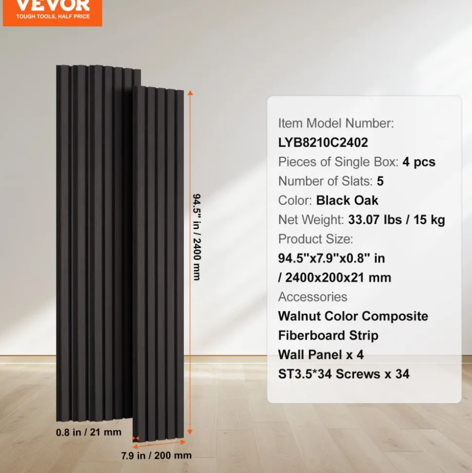 VEVOR Wood Slat Acoustic Panels, 7.9 x 94.5 inch, MDF Accent Wooden Wall Panels for Modern Interior Wall Decor, Faux Wood Wall Board Panels for Noise Reduction, Black Oak