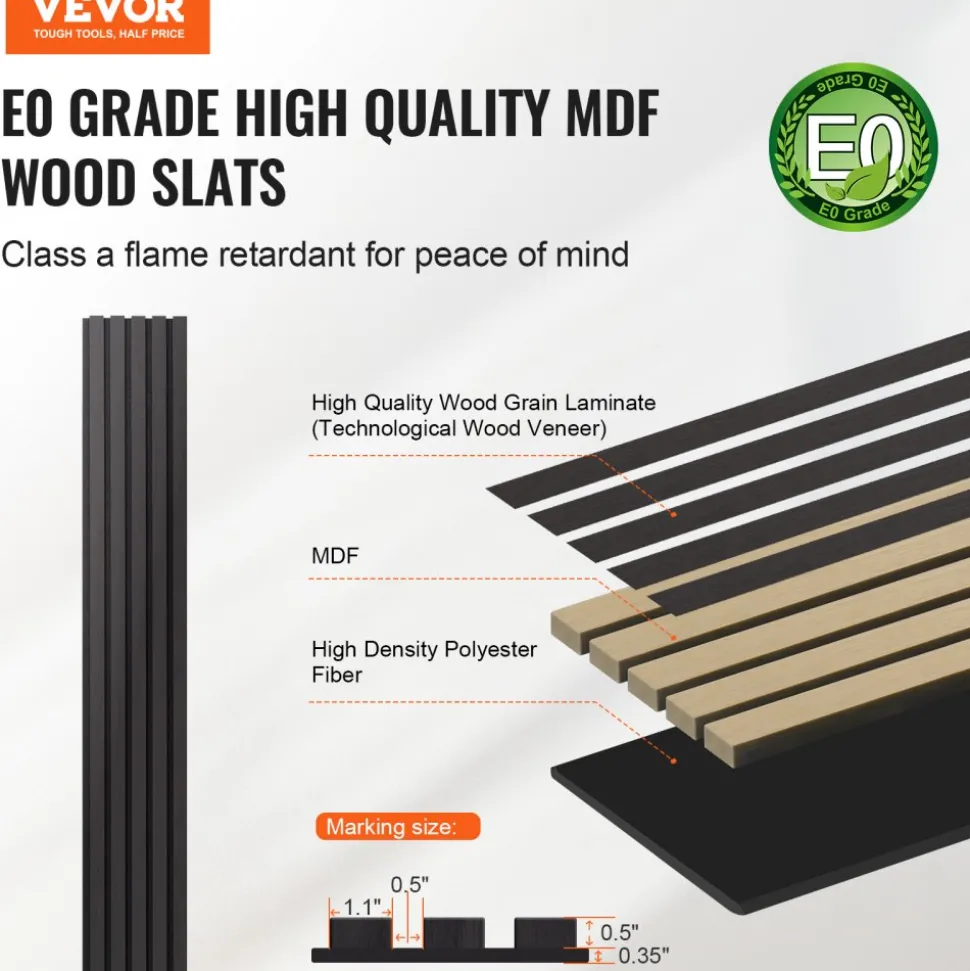 VEVOR Wood Slat Acoustic Panels, 7.9 x 94.5 inch, MDF Accent Wooden Wall Panels for Modern Interior Wall Decor, Faux Wood Wall Board Panels for Noise Reduction, Black Oak