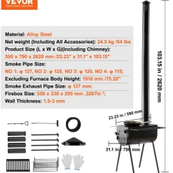 VEVOR Wood Stove, 118 inch, Alloy Steel Camping Tent Stove, Portable Wood Burning Stove with Chimney Pipes & Gloves, 3000in³Firebox Hot Tent Stove for Outdoor Cooking and Heating with 8 Pipes