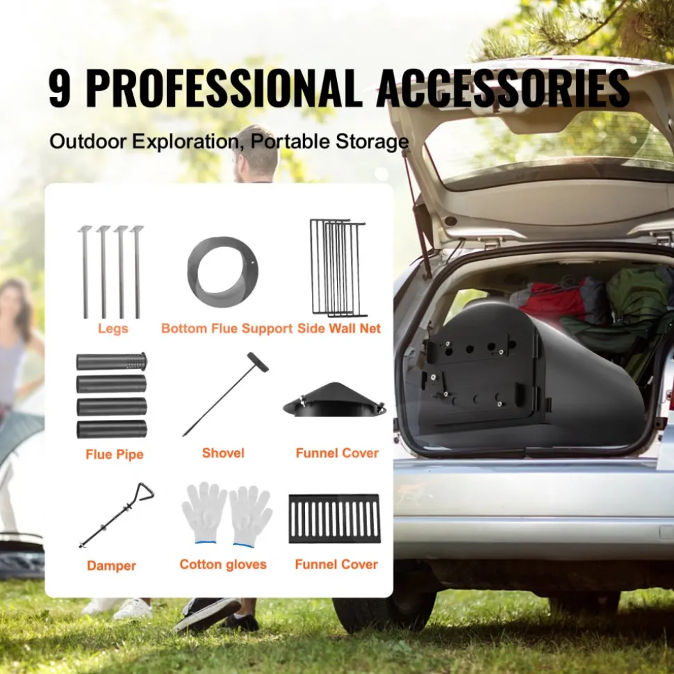 VEVOR Wood Stove, 118 inch, Alloy Steel Camping Tent Stove, Portable Wood Burning Stove with Chimney Pipes & Gloves, 3000in³Firebox Hot Tent Stove for Outdoor Cooking and Heating with 8 Pipes