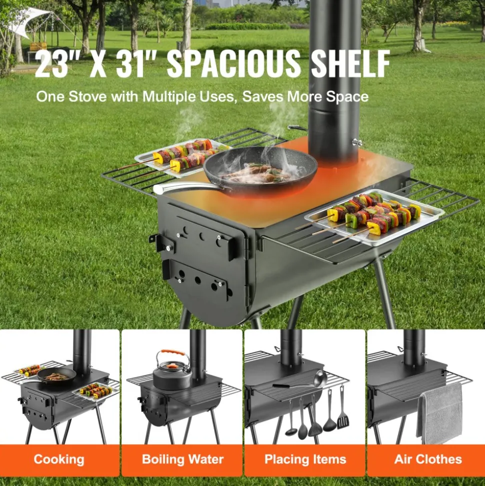 VEVOR Wood Stove, 118 inch, Alloy Steel Camping Tent Stove, Portable Wood Burning Stove with Chimney Pipes & Gloves, 3000in³Firebox Hot Tent Stove for Outdoor Cooking and Heating with 8 Pipes