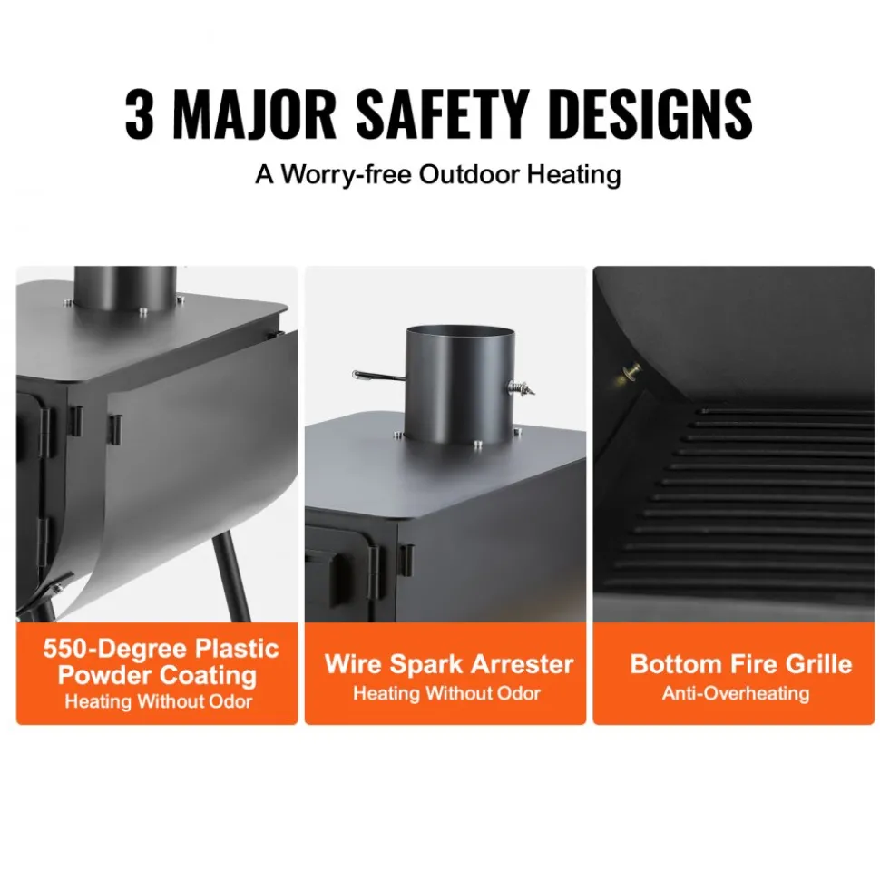 VEVOR Wood Stove, 118 inch, Alloy Steel Camping Tent Stove, Portable Wood Burning Stove with Chimney Pipes & Gloves, 3000in³Firebox Hot Tent Stove for Outdoor Cooking and Heating with 8 Pipes