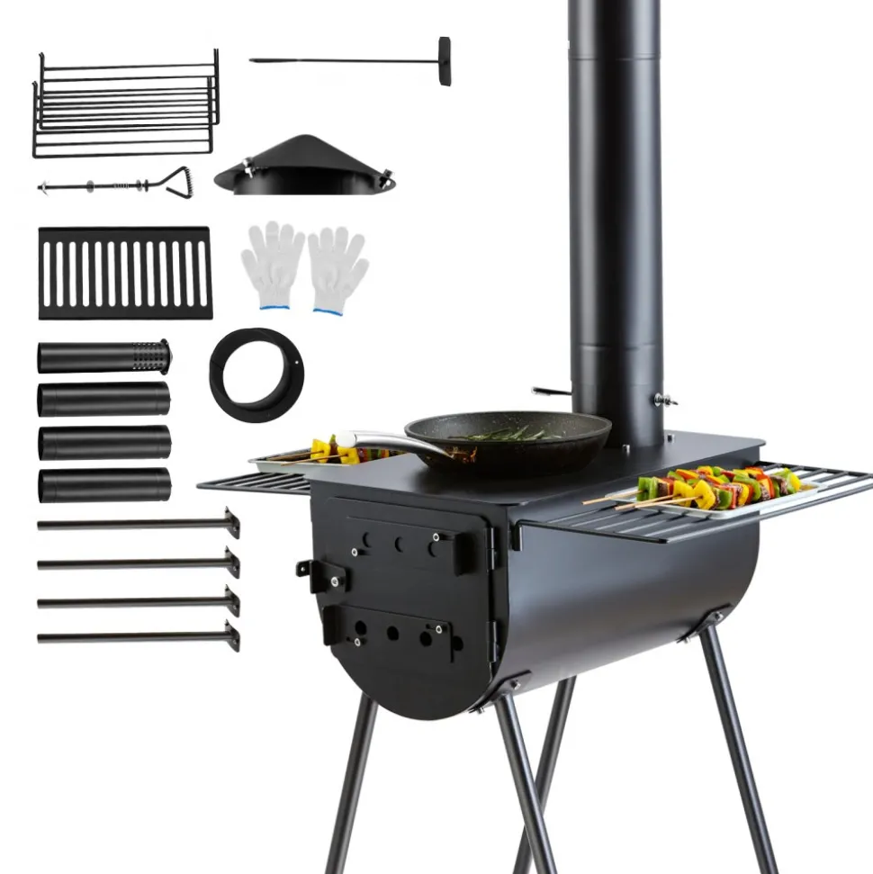 VEVOR Wood Stove, 118 inch, Alloy Steel Camping Tent Stove, Portable Wood Burning Stove with Chimney Pipes & Gloves, 3000in³Firebox Hot Tent Stove for Outdoor Cooking and Heating with 8 Pipes
