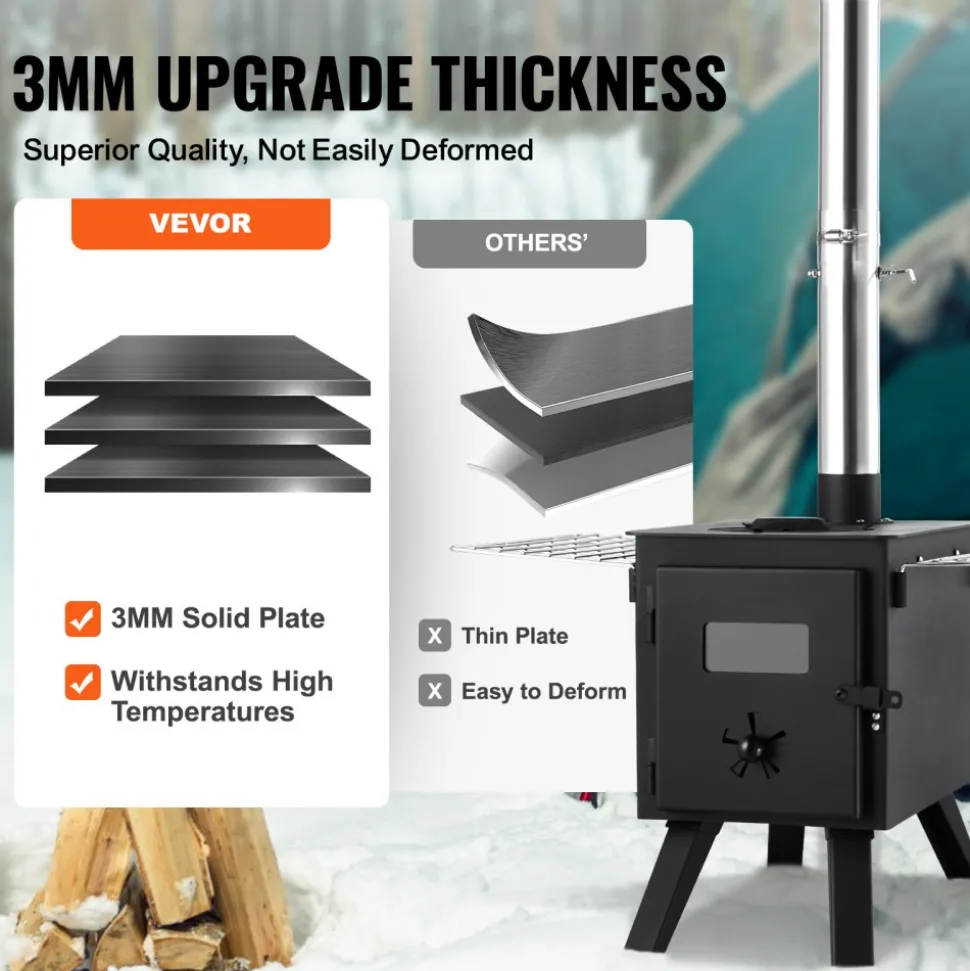 VEVOR Wood Stove, 86 inch, Alloy Steel Camping Tent Stove, Portable Wood Burning Stove with Chimney Pipes & Gloves, 1400in³Firebox Hot Tent Stove for Outdoor Cooking and Heating with 8 Pipes