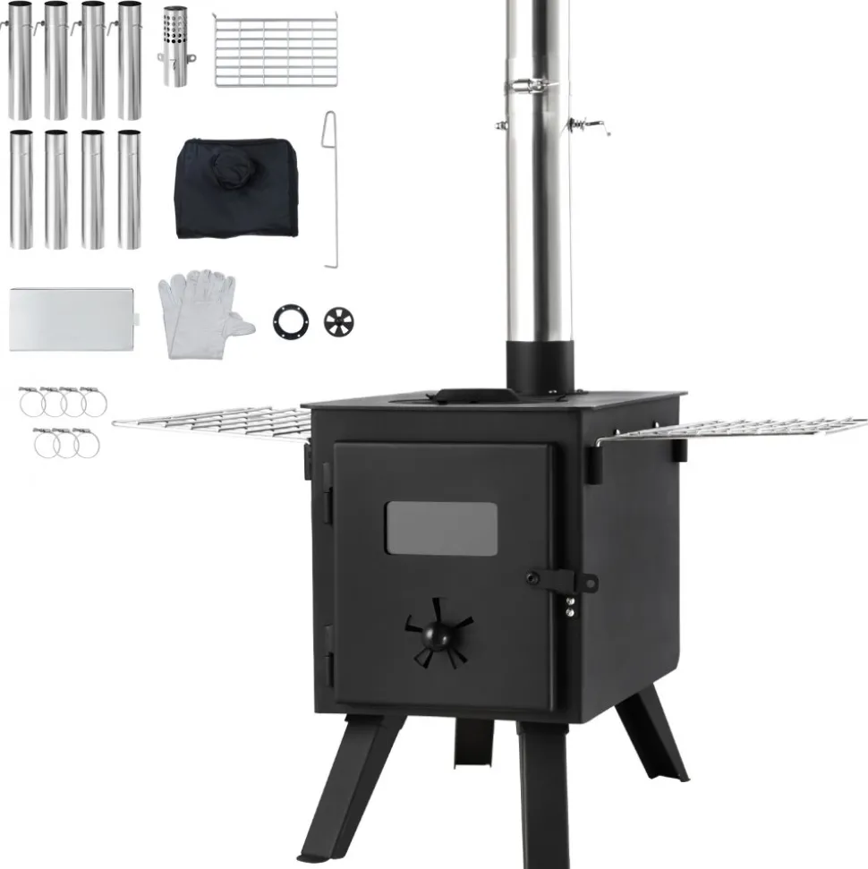 VEVOR Wood Stove, 86 inch, Alloy Steel Camping Tent Stove, Portable Wood Burning Stove with Chimney Pipes & Gloves, 1400in³Firebox Hot Tent Stove for Outdoor Cooking and Heating with 8 Pipes