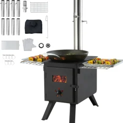 VEVOR Wood Stove, 86 inch, Alloy Steel Camping Tent Stove, Portable Wood Burning Stove with Chimney Pipes & Gloves, 1400in³Firebox Hot Tent Stove for Outdoor Cooking and Heating with 8 Pipes