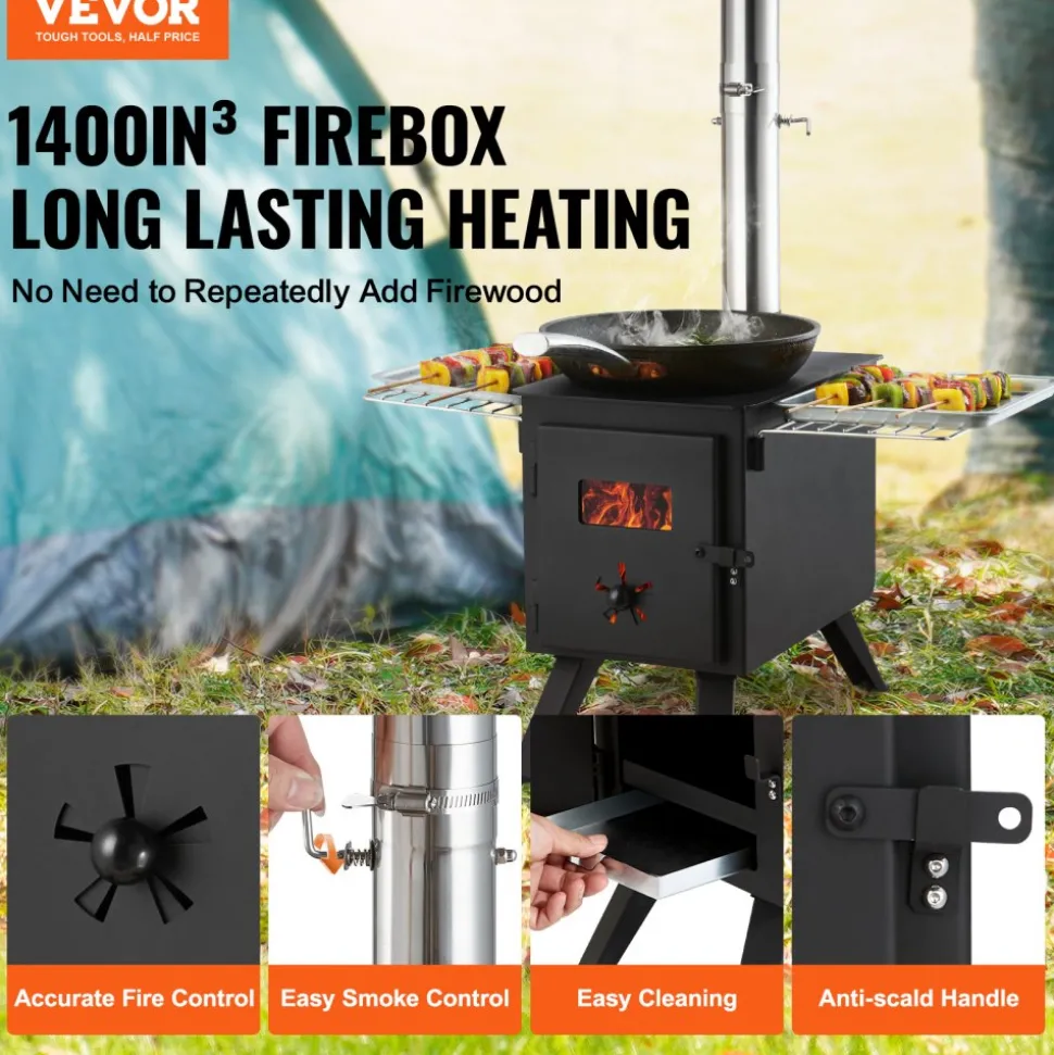 VEVOR Wood Stove, 86 inch, Alloy Steel Camping Tent Stove, Portable Wood Burning Stove with Chimney Pipes & Gloves, 1400in³Firebox Hot Tent Stove for Outdoor Cooking and Heating with 8 Pipes