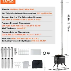 VEVOR Wood Stove, 86 inch, Alloy Steel Camping Tent Stove, Portable Wood Burning Stove with Chimney Pipes & Gloves, 1400in³Firebox Hot Tent Stove for Outdoor Cooking and Heating with 8 Pipes