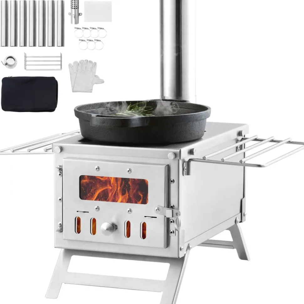 VEVOR Wood Stove, 80 inch, Stainless Steel Camping Tent Stove, Portable Wood Burning Stove with Chimney Pipes & Gloves, 700in³Firebox Hot Tent Stove for Outdoor Cooking and Heating with 8 Pipes