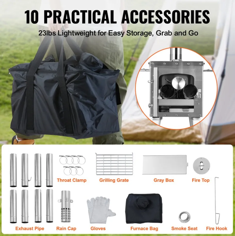VEVOR Wood Stove, 86 inch, Stainless Steel Camping Tent Stove, Portable Wood Burning Stove with Chimney Pipes & Gloves, 1646in³Firebox Hot Tent Stove for Outdoor Cooking and Heating with 8 Pipes