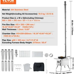 VEVOR Wood Stove, 86 inch, Stainless Steel Camping Tent Stove, Portable Wood Burning Stove with Chimney Pipes & Gloves, 1646in³Firebox Hot Tent Stove for Outdoor Cooking and Heating with 8 Pipes