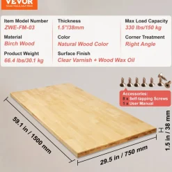 VEVOR Wood Table Top, Holds up to 330 lb, 59.1" x 29.5" x 1.5" Rectangular Countertop for Height Adjustable Electric Standing Desk Frame, Universal Solid One-Piece Maple Desktop for Office & Home Desk
