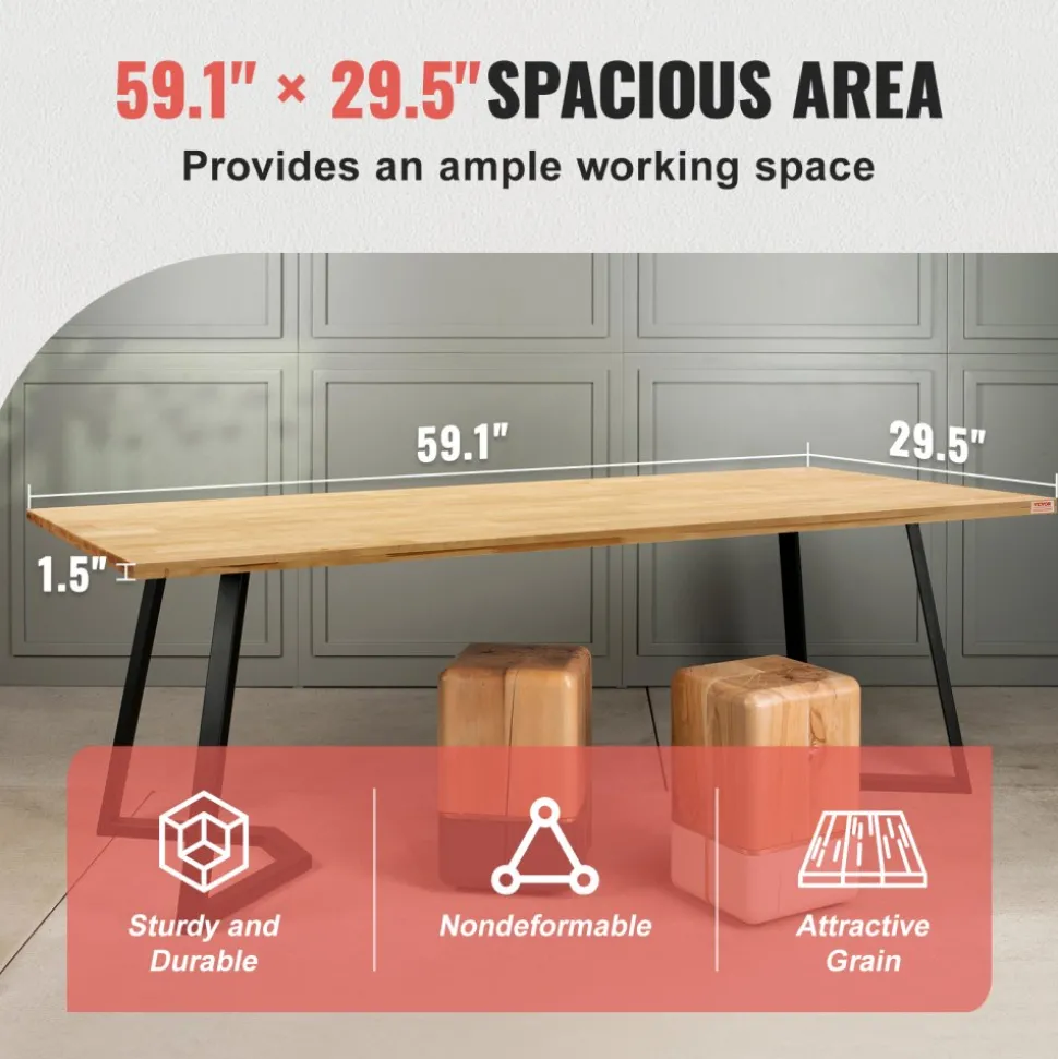 VEVOR Wood Table Top, Holds up to 330 lb, 59.1" x 29.5" x 1.5" Rectangular Countertop for Height Adjustable Electric Standing Desk Frame, Universal Solid One-Piece Maple Desktop for Office & Home Desk