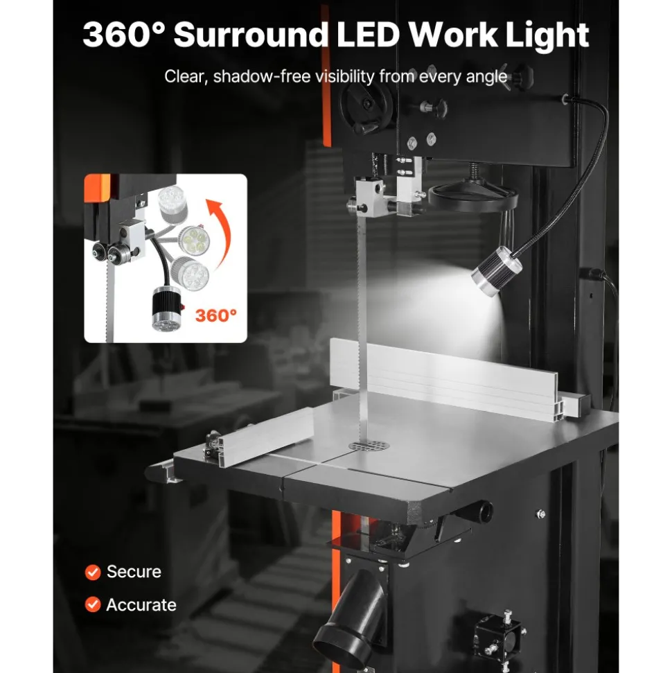 VEVOR Woodworking Bandsaw, 18-Inch, Band Saw with 2240W 3HP Motor, 16-Inch Maximum Cutting Height, 27.2 x 20 in Cast Iron Table, with 360° Work Light, Miter Gauge, Fence, Band Saw for Woodworking