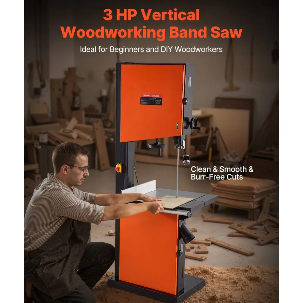 VEVOR Woodworking Bandsaw, 18-Inch, Band Saw with 2240W 3HP Motor, 16-Inch Maximum Cutting Height, 27.2 x 20 in Cast Iron Table, with 360° Work Light, Miter Gauge, Fence, Band Saw for Woodworking