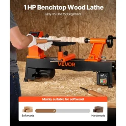 VEVOR Woodworking Lathe, 1 HP, Benchtop Wood Lathe Machine with 0 to 3800 RPM Variable Speed, 12 x 18 in Workbench, Brushless DC Motor, Cast Iron Construction, for Beginner DIY Enthusiast Woodworking
