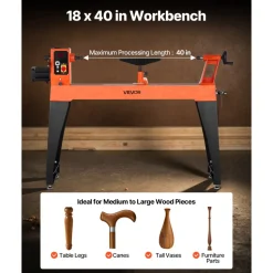 VEVOR Woodworking Lathe, 2 HP, Wood Lathe Machine with 0 to 3200 RPM Variable Speed, 18 x 40 in Workbench, Brushless DC Motor, Cast Iron Body, Tool Rest, for Medium to Large Projects Woodworking